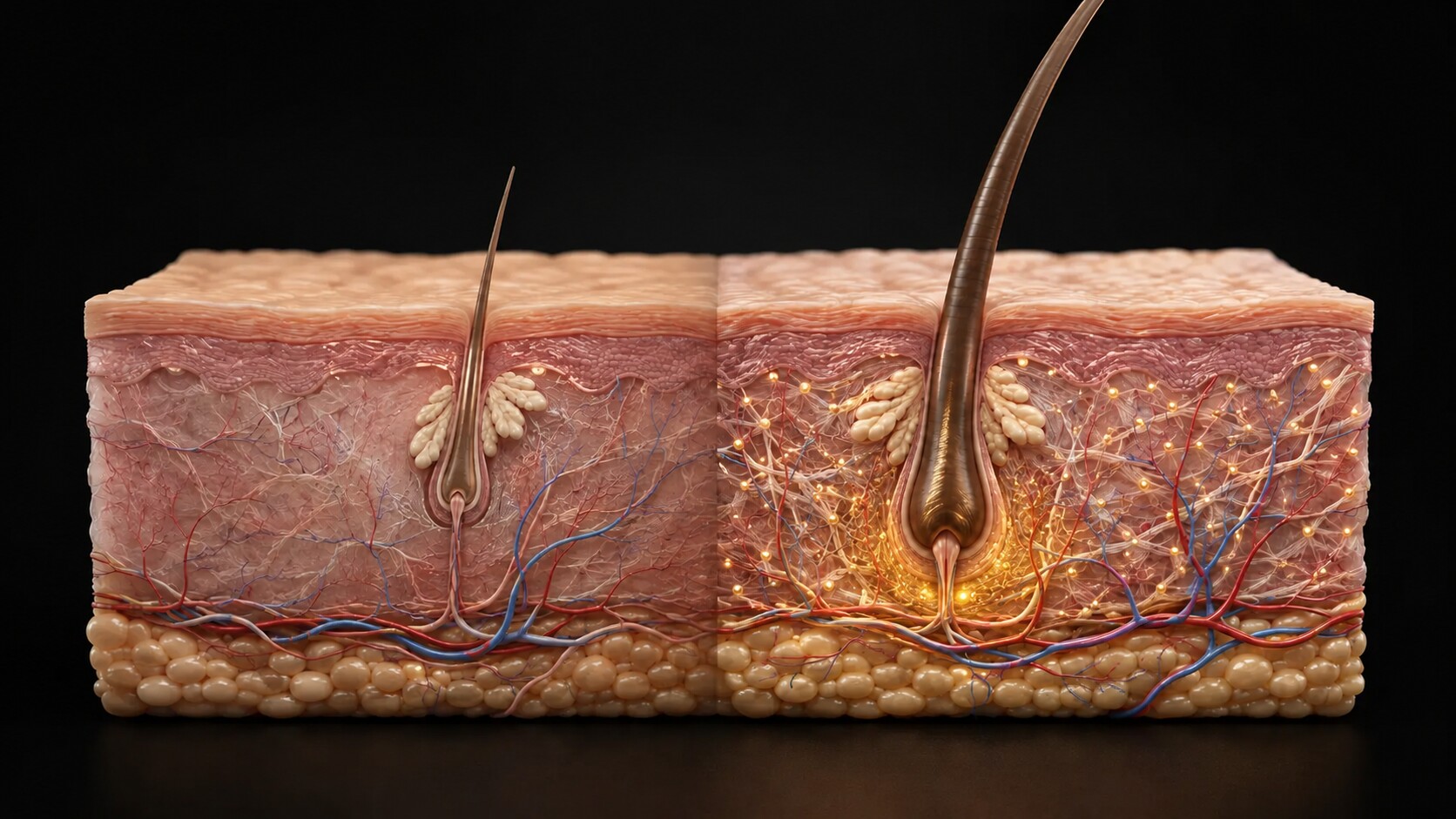 Medical illustration comparing scalp tissue before PRP with a potential response over time, using liquid gold to represent PRP around the healthier follicle