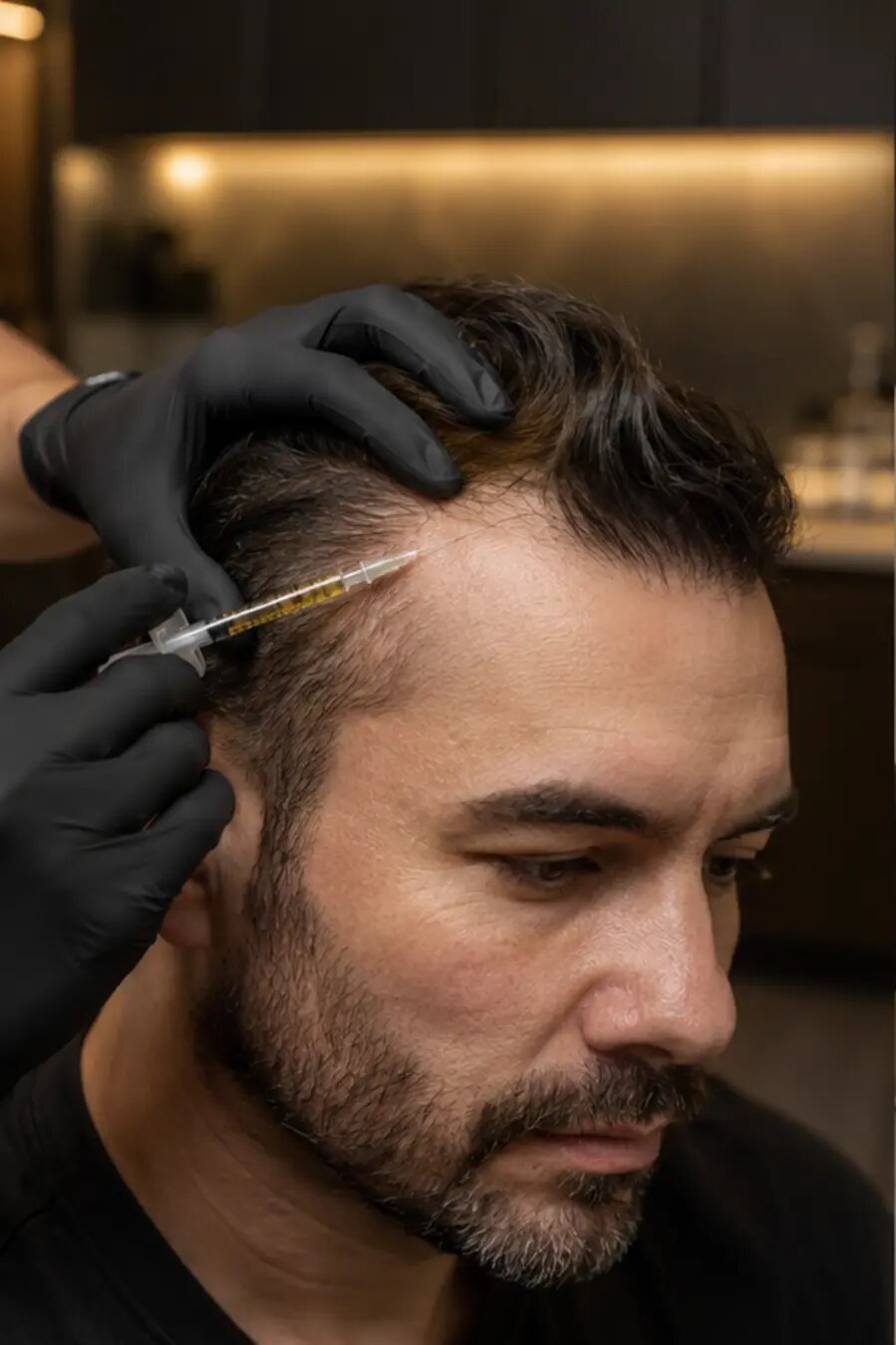 Hair PRP being administered carefully along an adult client's hairline